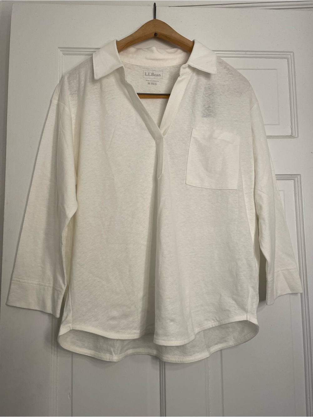 L.L. Bean White V-Neck Collar Tunic Top